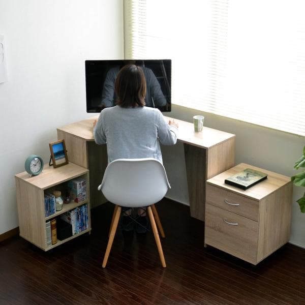 《新品・送料無料》コーナーハイデスク3点セット デスク+ラック+チェスト