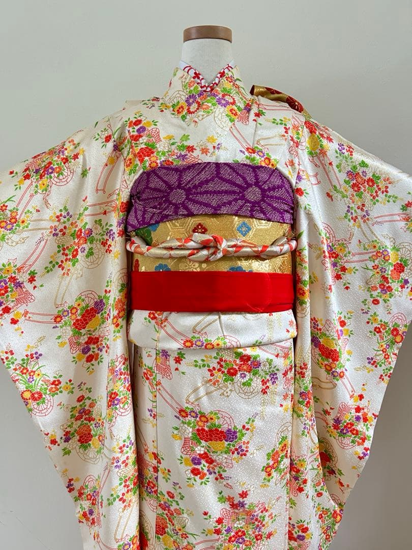 7歳　七五三　十三参り　身丈144 正絹着物　帯、帯揚げ、帯締め　しごき　セット