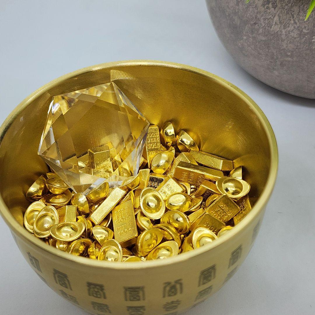 真鍮製元宝＆金の延べ棒セット＋天然水晶六芒星＆容器 風水・開運グッズ ②