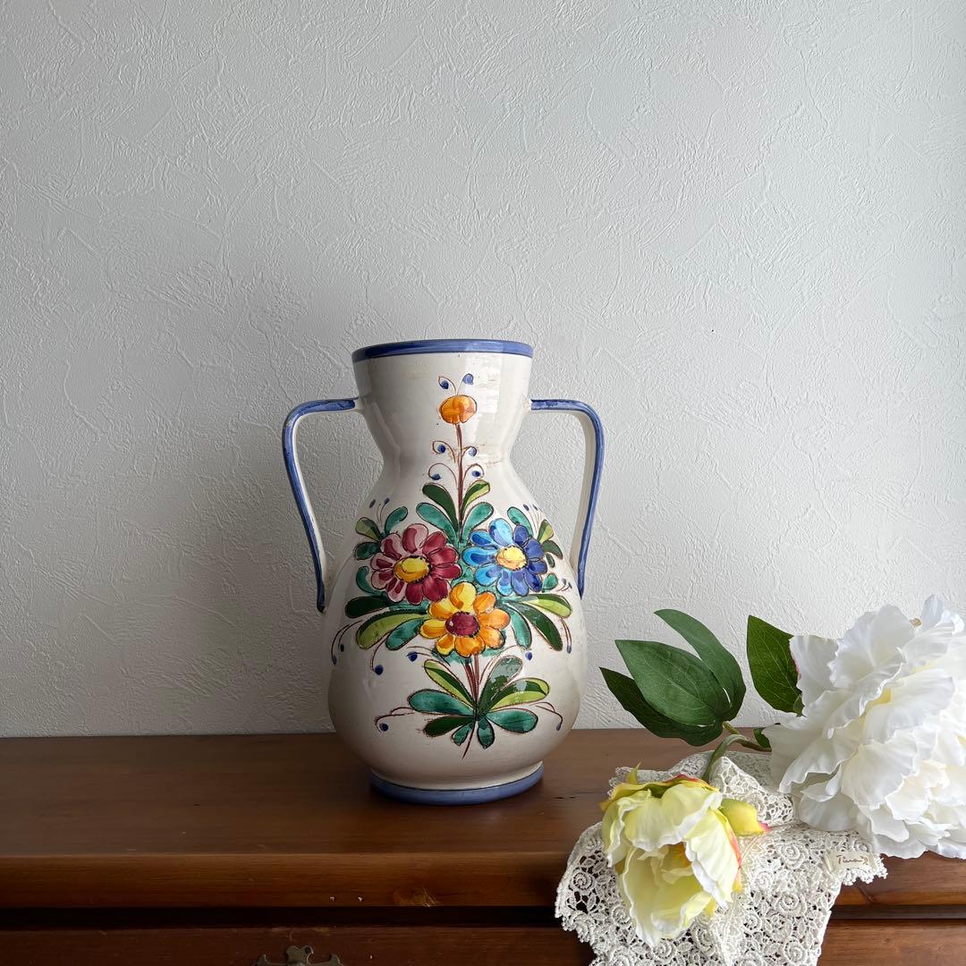 k238r124 イタリア製 手描きの花柄フラワーベース 水瓶 オブジェ