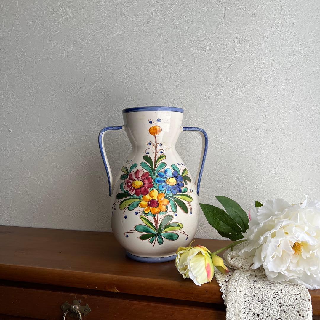 k238r124 イタリア製 手描きの花柄フラワーベース 水瓶 オブジェ