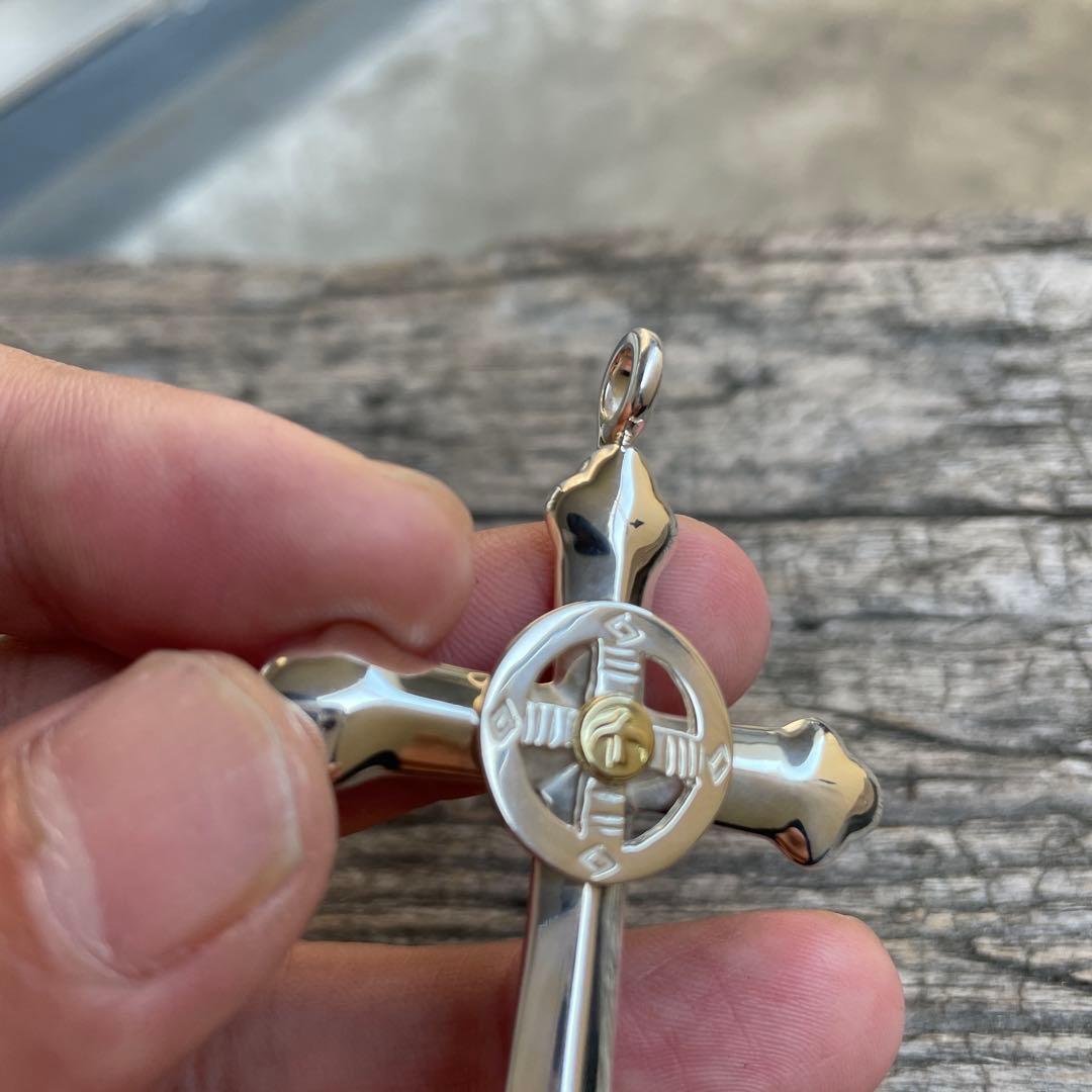 残1 印台メタル付 ホイール クロス ネックレス トップ チェーン ハンドメイド