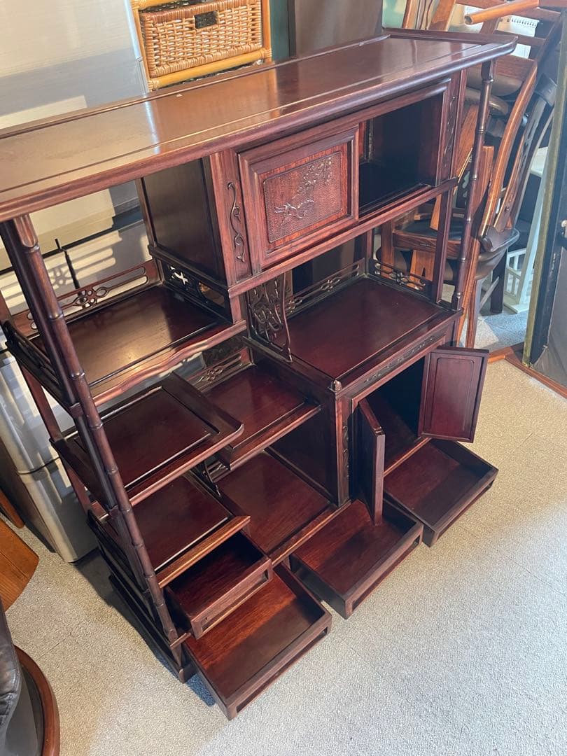 当時物　中国小叶紫檀家具 紫檀茶箪笥 透かし彫り飾り棚 年代品　昭和レトロ