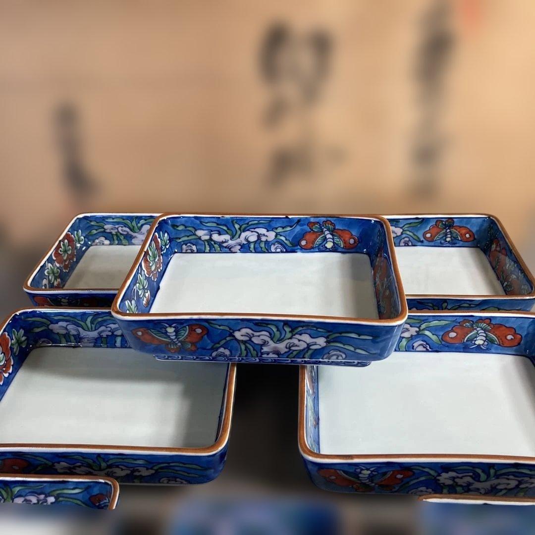 【源右衛門】古伊万里の伝統　日本の名窯　舘林源右衛門作　染錦古代花蝶図　角向付揃