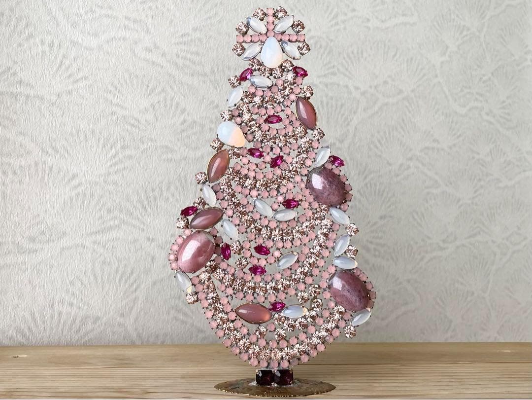 ビンテージ/Bijoux M.G.刻印/チェコガラスツリー/ピンク系/卓上ツリー