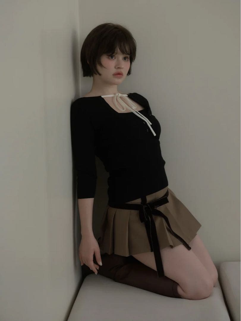 トップス andmary Hein ribbon knit tops / black