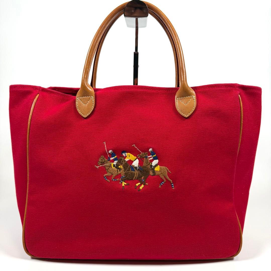 【極美品】【希少】ラルフローレン　トートバッグ　キャンバス　ビッグポニー　レッド