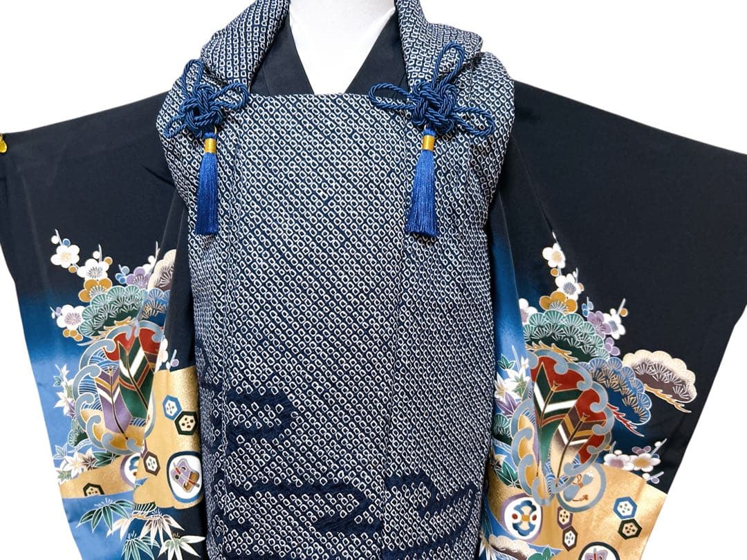 総絞り被布セット♡七五三　3歳　男の子　一式　鷹　黒系　正絹