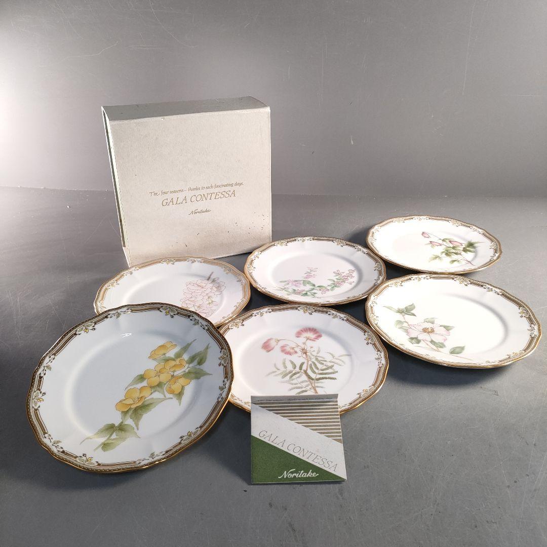 A1358-3/ノリタケ ガラコンテッサ/金彩色絵花草文絵替プレート6客/菓子皿