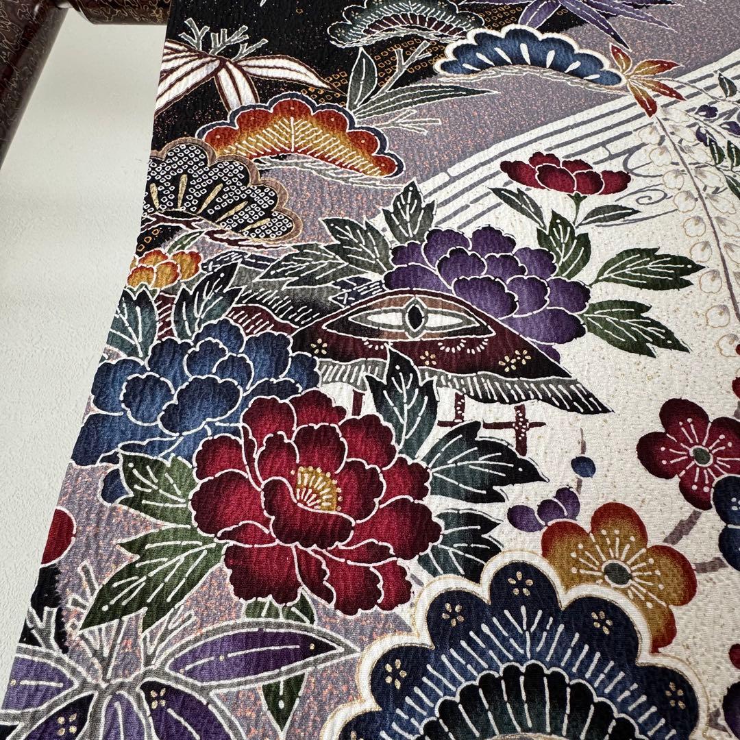 超美品　袷　広襟　振袖　現代　振袖　成人式　着物　166　現代　ふくれ織　黒　白