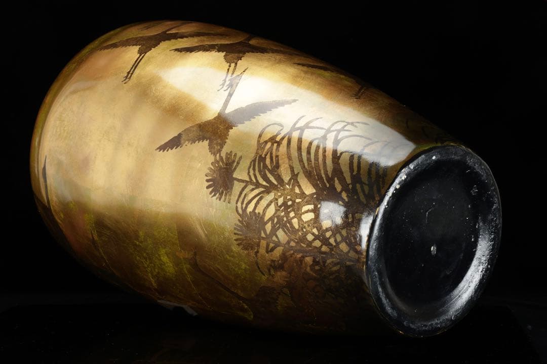 大型 漆塗 金地花瓶 鶴図 秋草文様 高さ62cm 花器 飾壺 古美術品 骨董品
