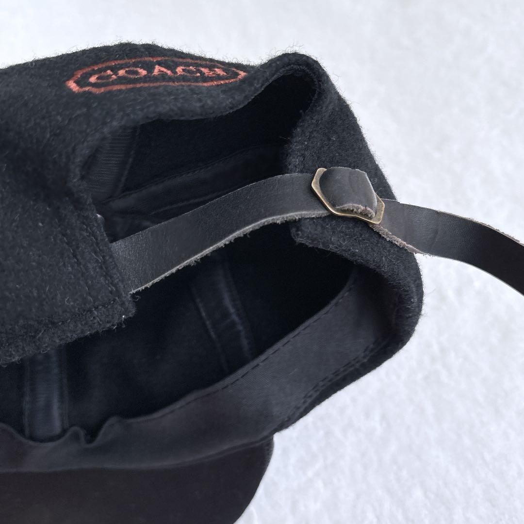 【USA製】COACH コーチ ウール×レザー キャップ ブラック 刺繍ロゴ入り