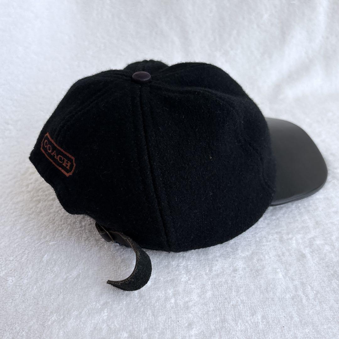 【USA製】COACH コーチ ウール×レザー キャップ ブラック 刺繍ロゴ入り