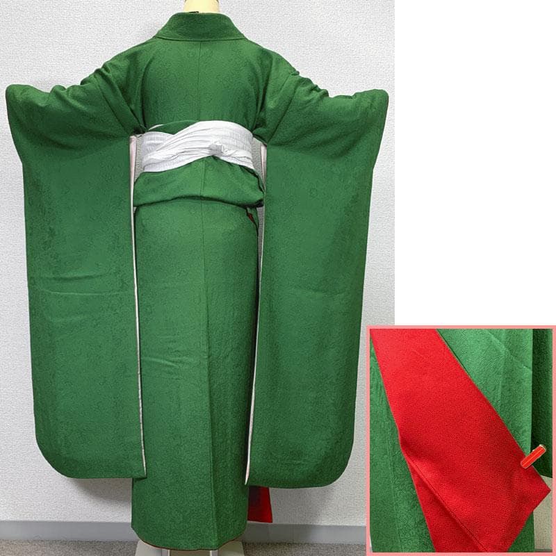 511z33〇小柄な方にも 色無地振袖 辻が花 地紋 重ね衿付 緑〇美品 成人式