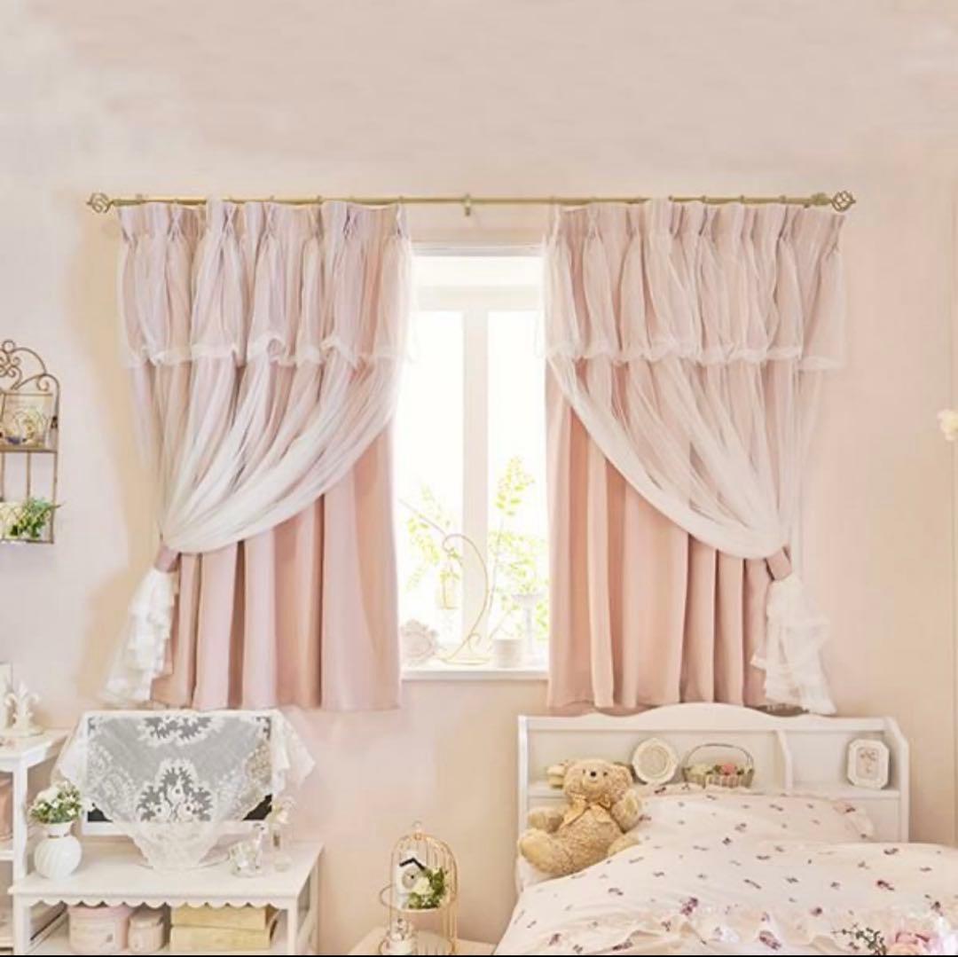 Romantic Princess 上飾り付きレイヤード遮光カーテン/ピンク