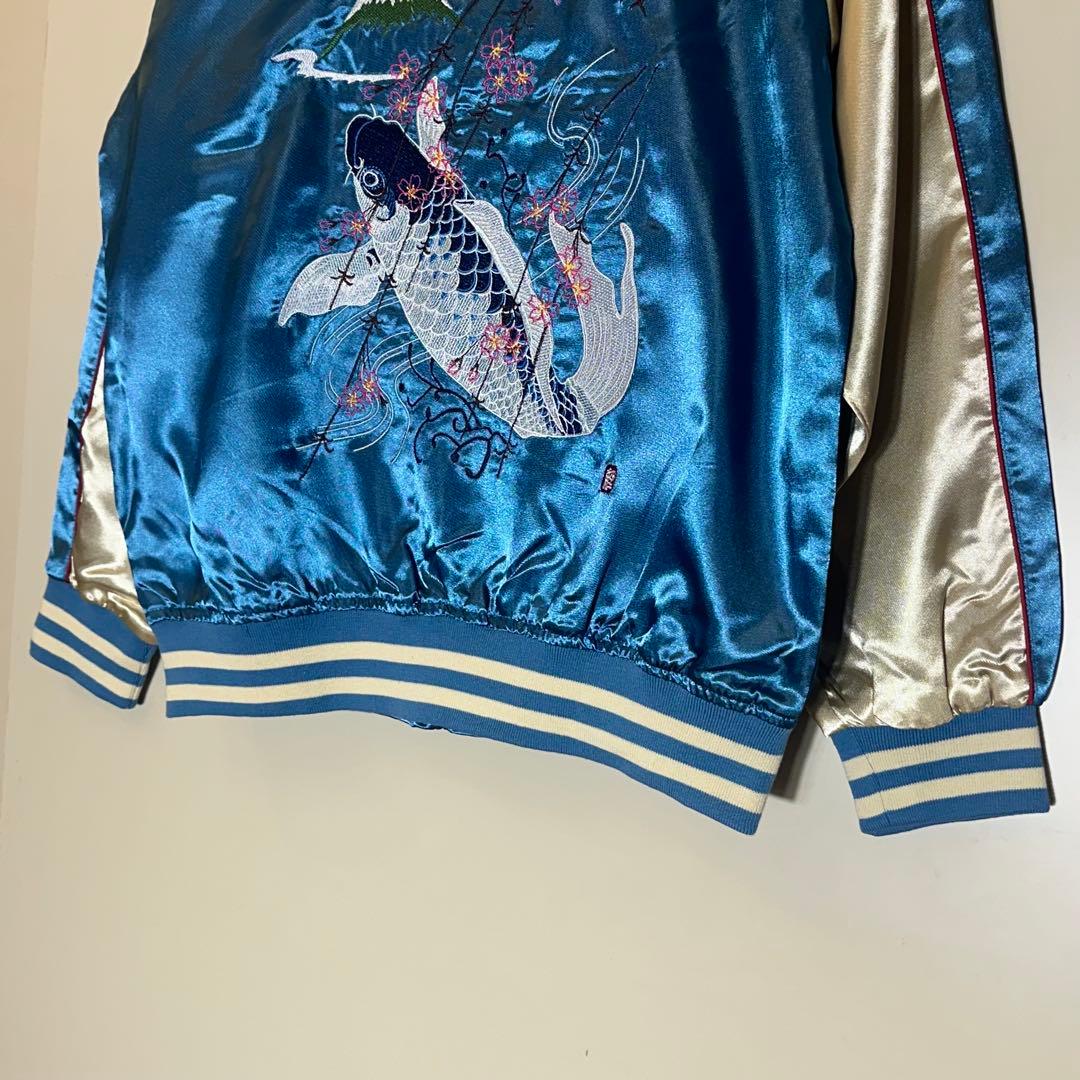 【新品未使用】刺繍スカジャン鯉×桜×富士ブルー水色×金M〜L和柄 ブルゾン