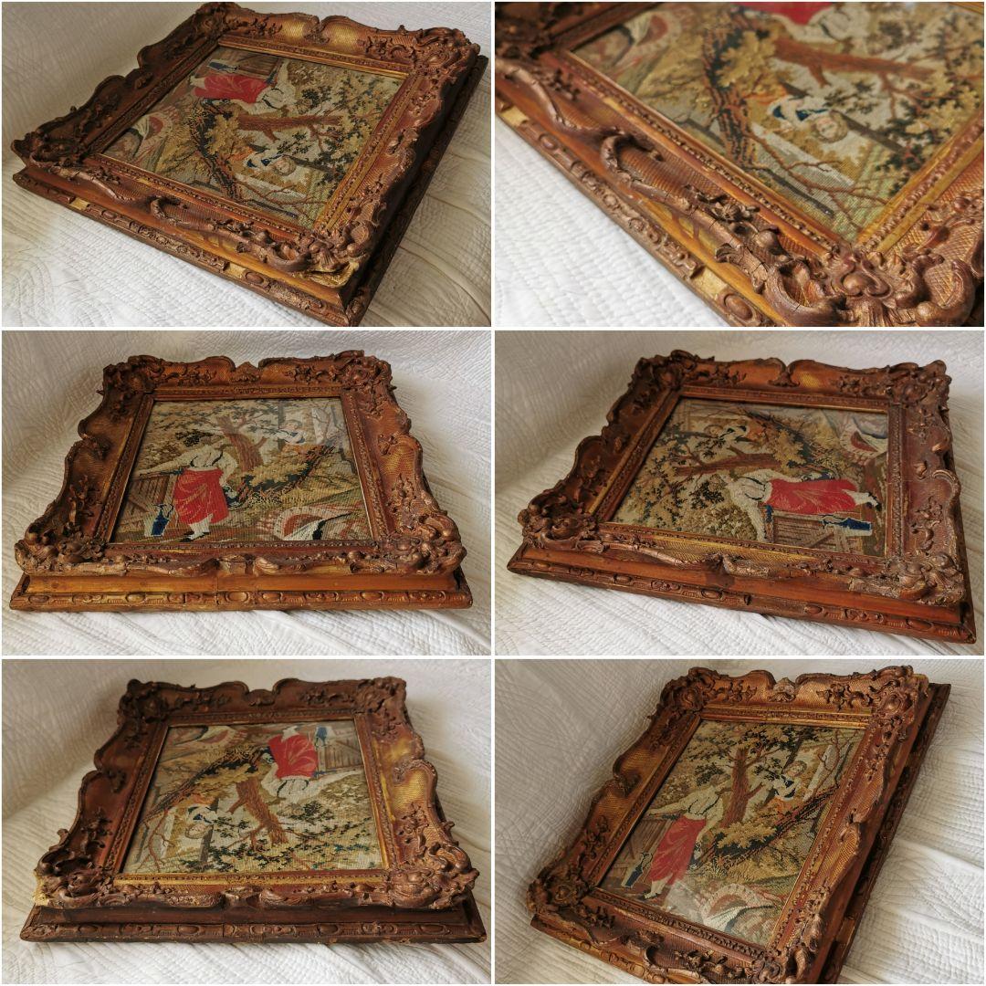 アンティーク 水を汲む女性 ラッパを吹く少年 プチポワン彫刻額装 ガラスフレーム