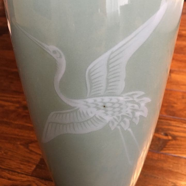 経年70年以上 清水焼 青磁 『鶴』花瓶 花器 花入 壺 飾り壺 時代物 骨董品