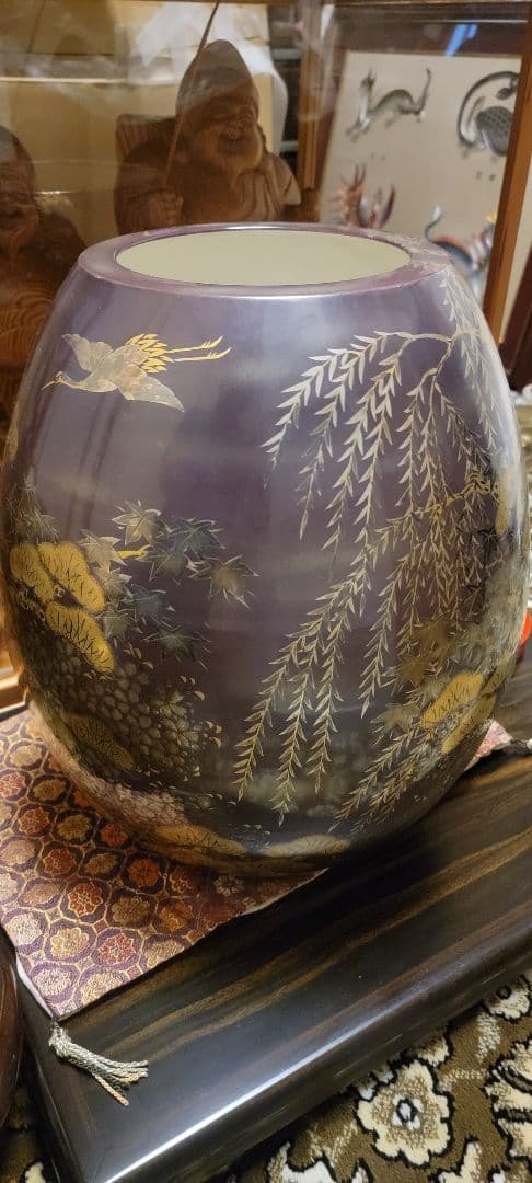即購入OK　エクセルヒューマン　紫色の卵型漆器 自然風景と鳥の絵柄