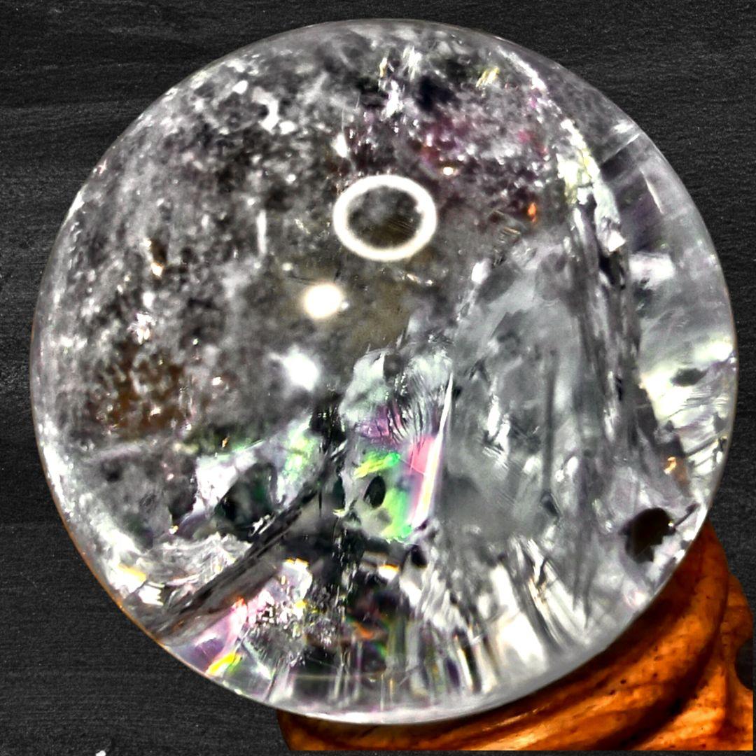天然アイリスクォーツ スフィア 54mm 丸玉 ブラジル産 木製台座付 虹 透明