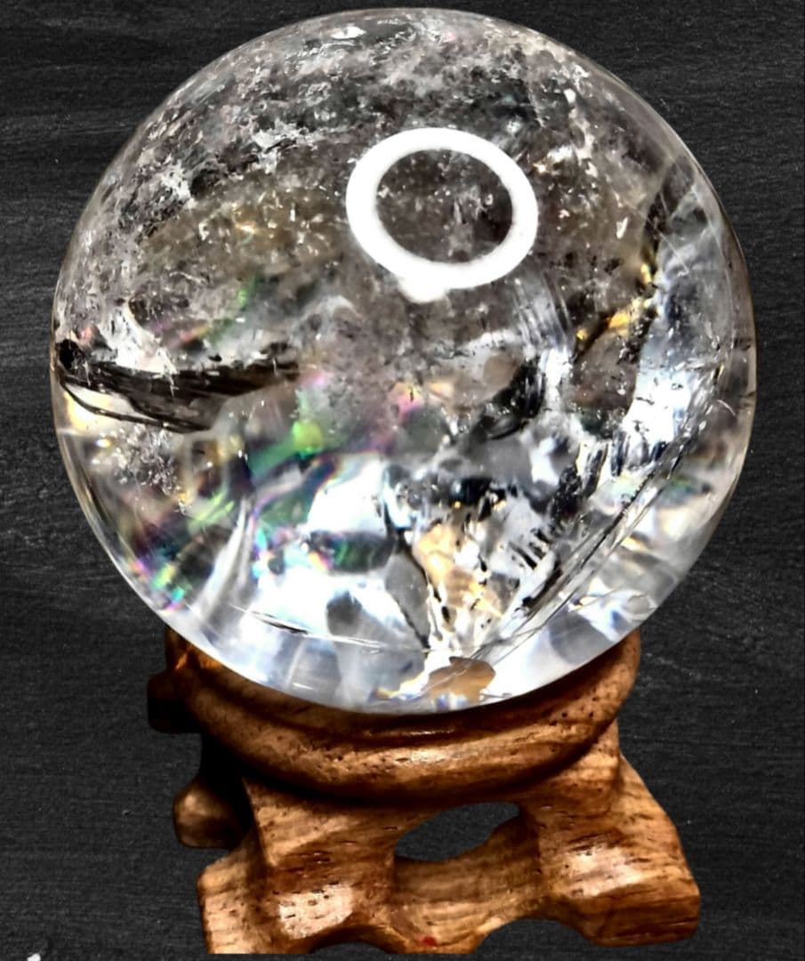 天然アイリスクォーツ スフィア 54mm 丸玉 ブラジル産 木製台座付 虹 透明
