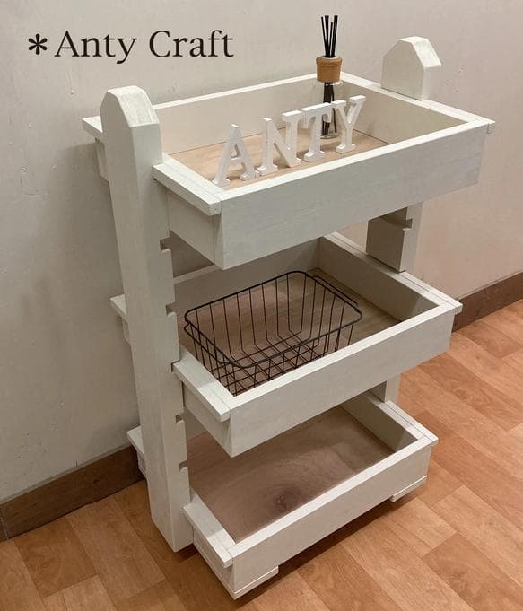 【引取可能】可動棚付キッチンワゴン キャスター付 3段収納 W/W 完成品