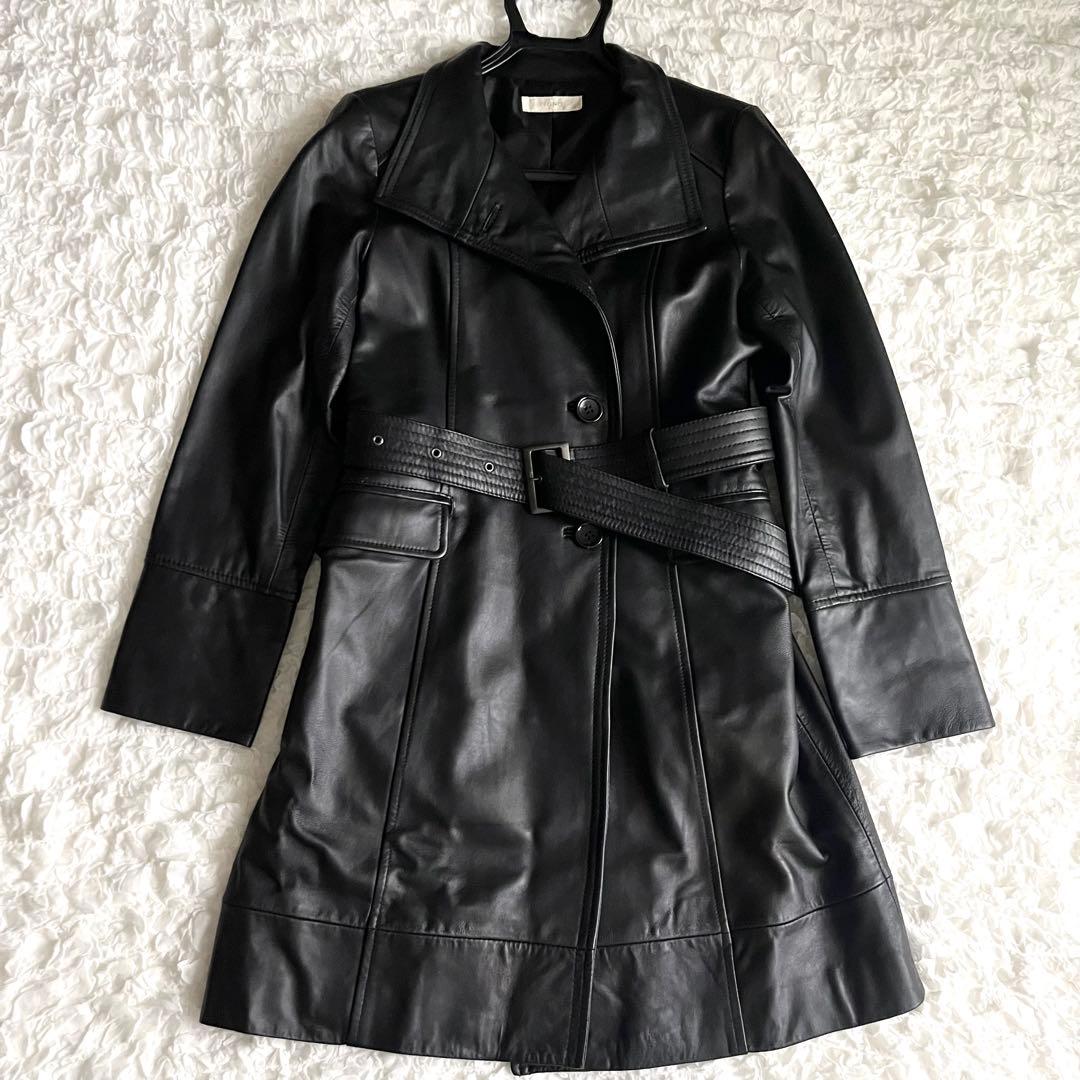 【美品】レザートレンチコート　ベルテッド　羊革　レディース　9AR