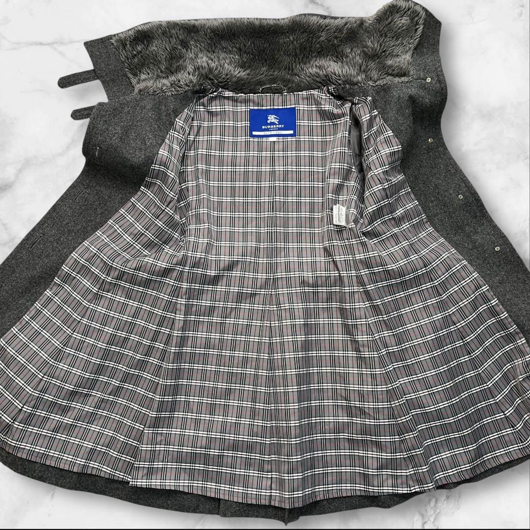 バーバリーブルーレーベル ウール コート 38 グレー チェック ファー ベルト