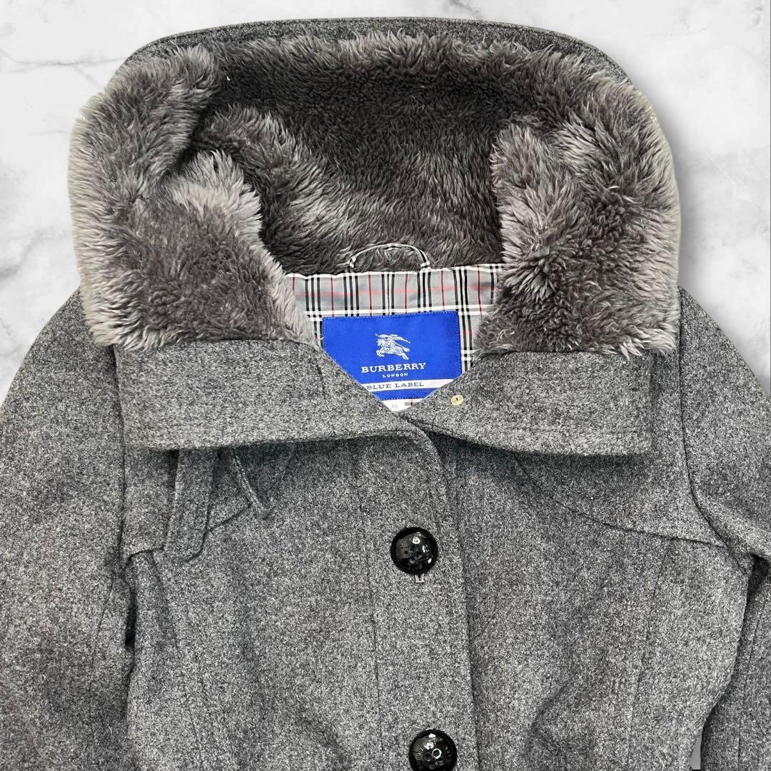 バーバリーブルーレーベル ウール コート 38 グレー チェック ファー ベルト