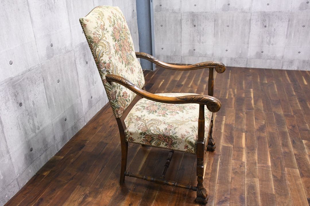 EIC27 英国アンティーク アームチェア オーク無垢材 ゴブラン張り 単鋲打ち