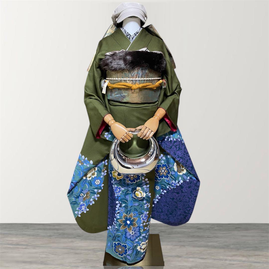 山本寛斎 グリーン 落款あり ファーショール付き 振袖 フルセット