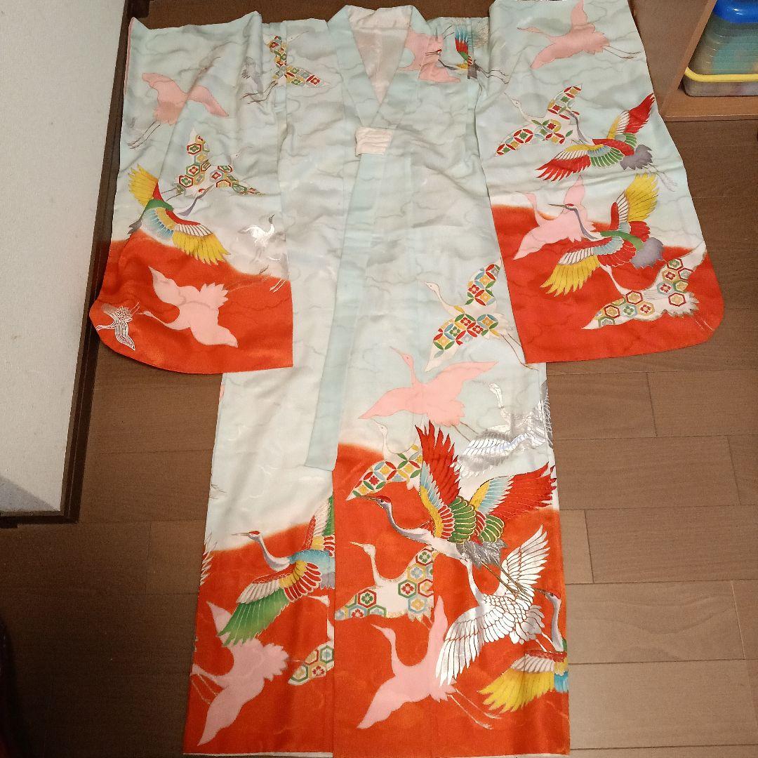 最終京染四つ身絵羽七五三アンティーク9点セット♡鶴柄♡刺繍♡地紋有ります。レトロ