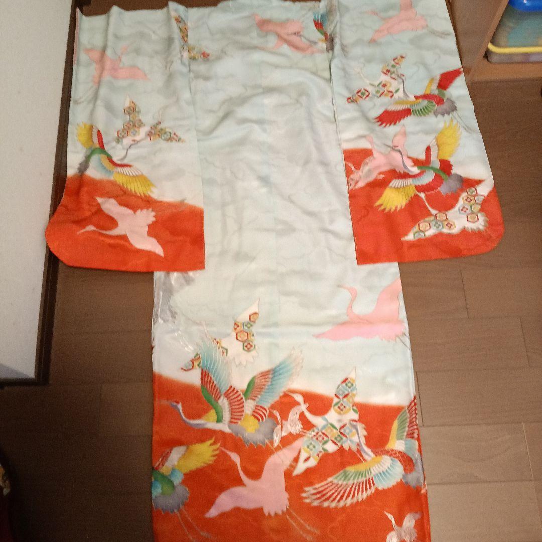 最終京染四つ身絵羽七五三アンティーク9点セット♡鶴柄♡刺繍♡地紋有ります。レトロ