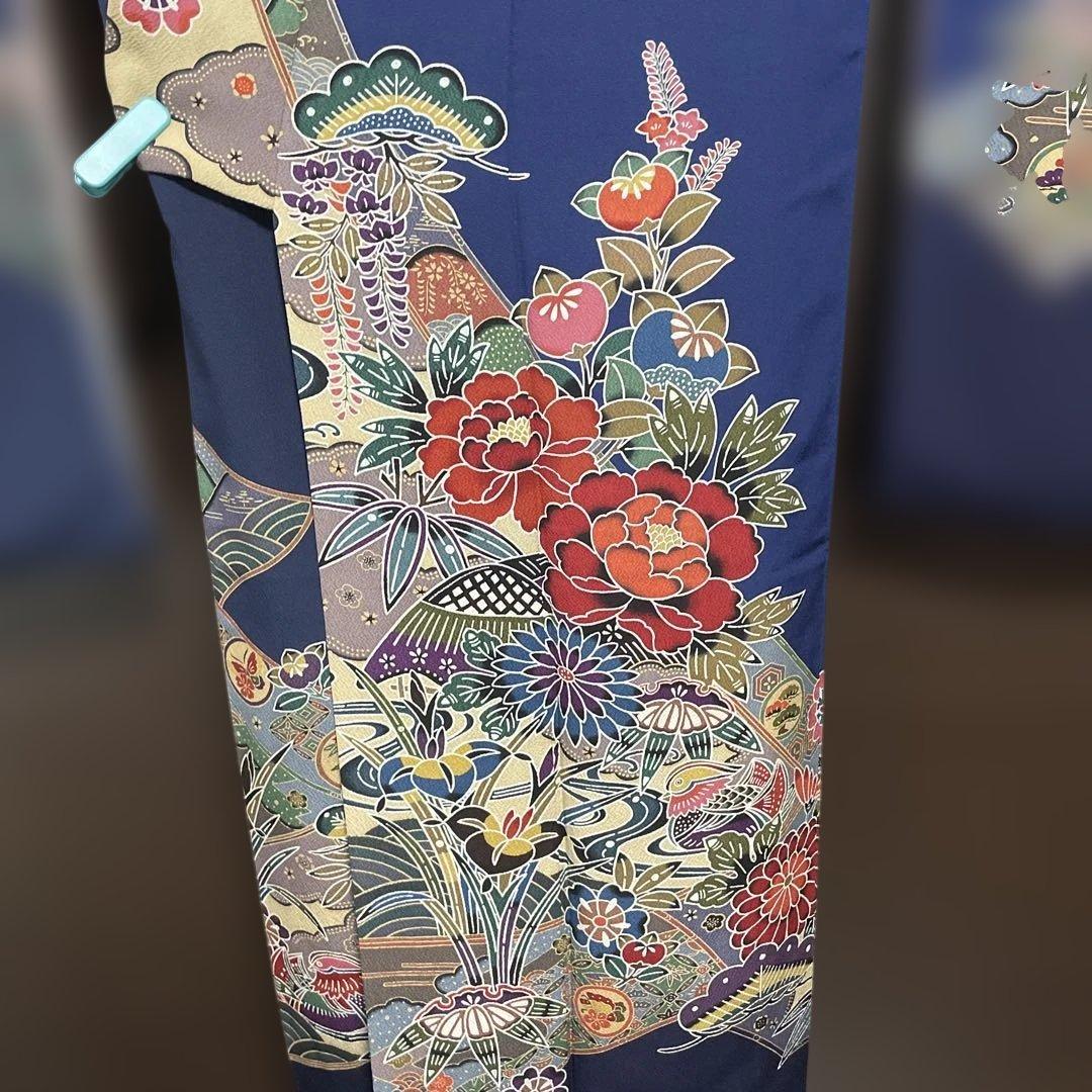 振袖と長襦袢セット　紅型　紺色　正絹　期間限定出品1/31まで