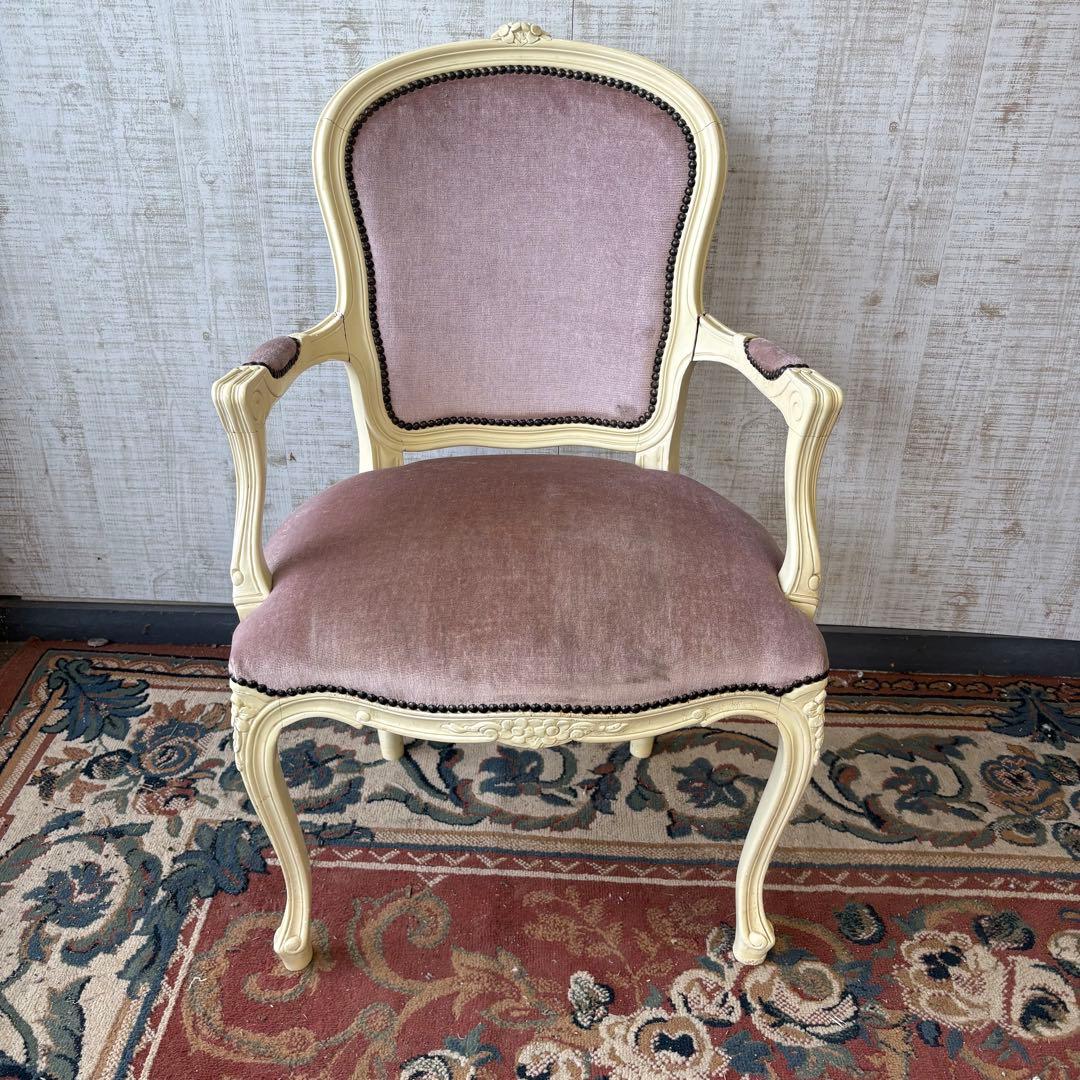 ロココアンティーク 木製ダイニングチェア ベロアアームチェア 姫系 フレンチ家具