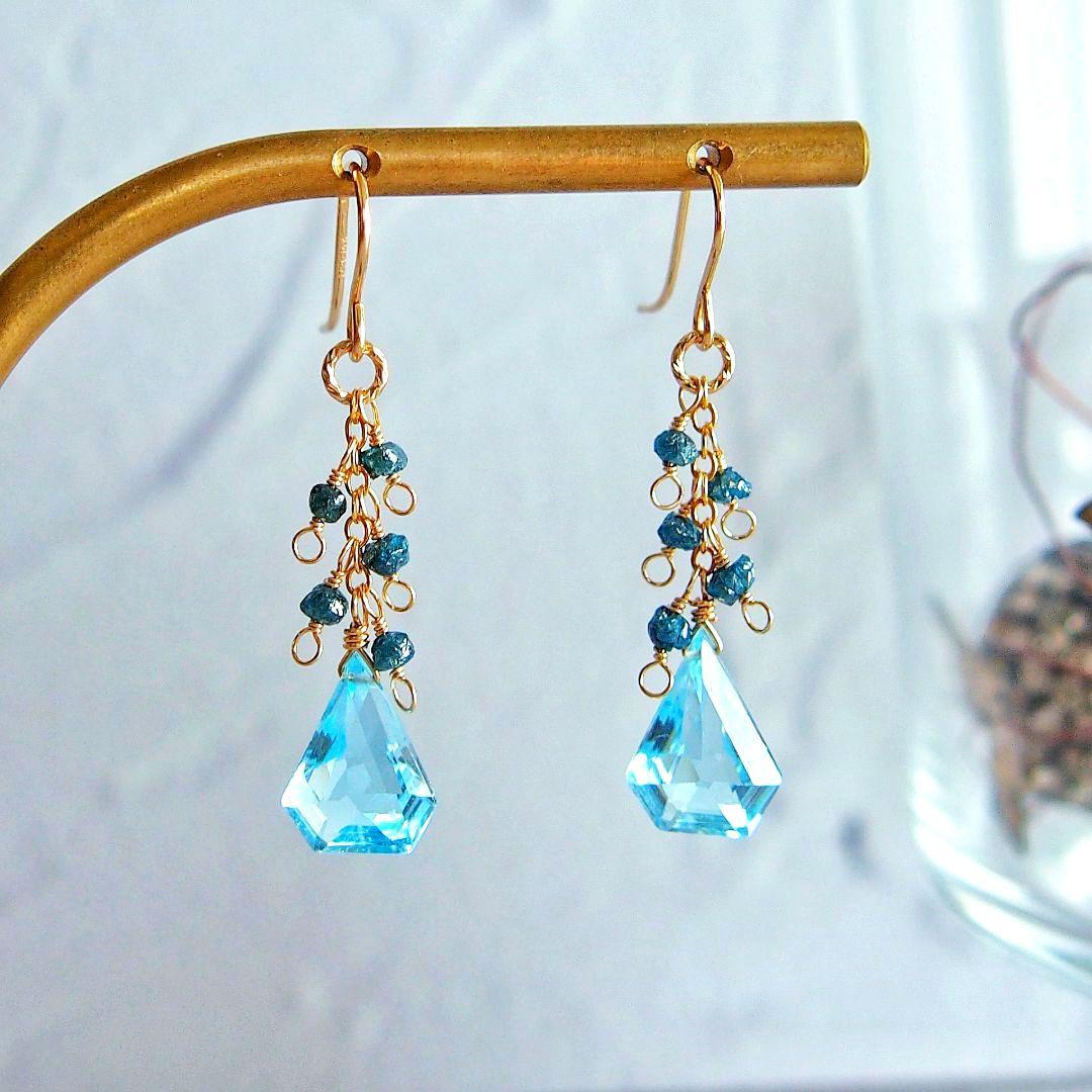 ◆ご予約品　宝石質✨ブルートパーズ　ブルーダイヤモンド　ピアス　14kgf