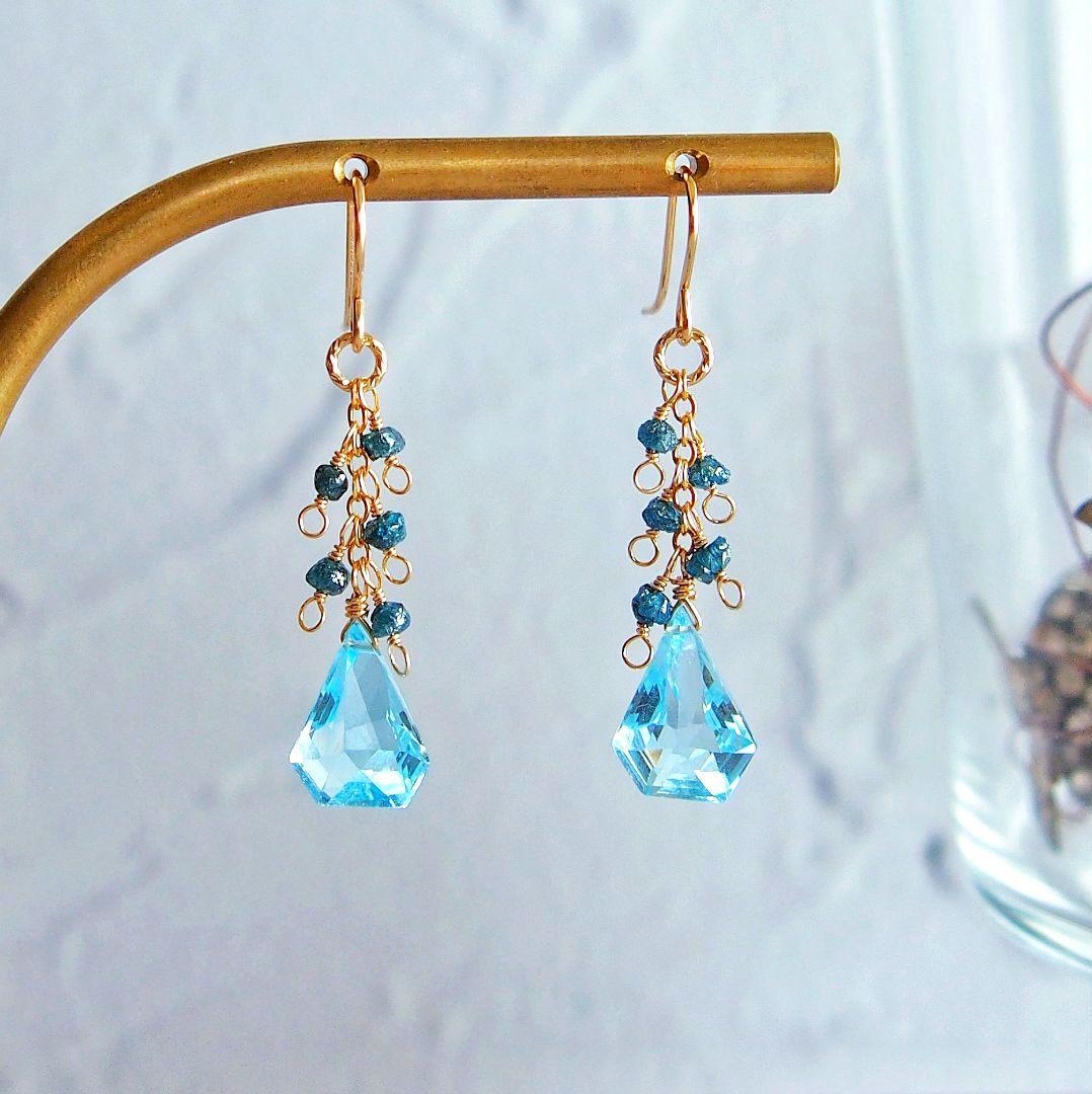 ◆ご予約品　宝石質✨ブルートパーズ　ブルーダイヤモンド　ピアス　14kgf