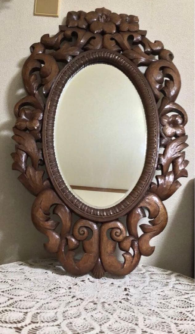 昭和レトロ・壁掛けミラー・鏡・手彫り彫刻・インテリア雑貨・アンティーク・古道具