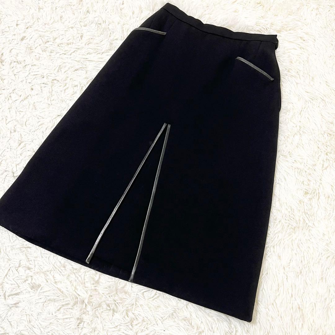 ✨希少✨HERMES エルメス　ロングスカート　膝下　ウール　レザー　黒　38