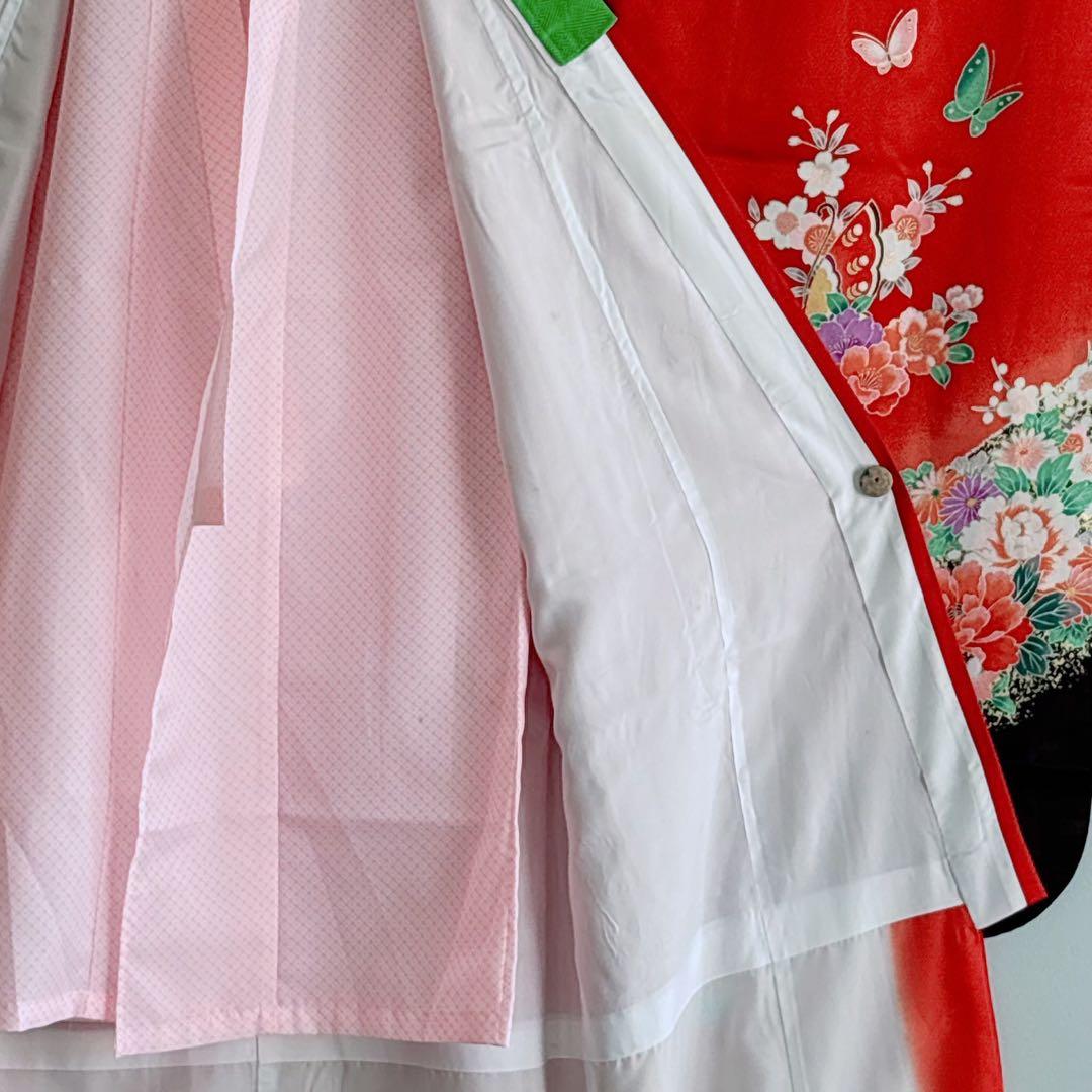 セット　七五三　７歳女の子　赤地　蝶牡丹　黒地袋帯亀甲鶴　袖なし長襦袢7099