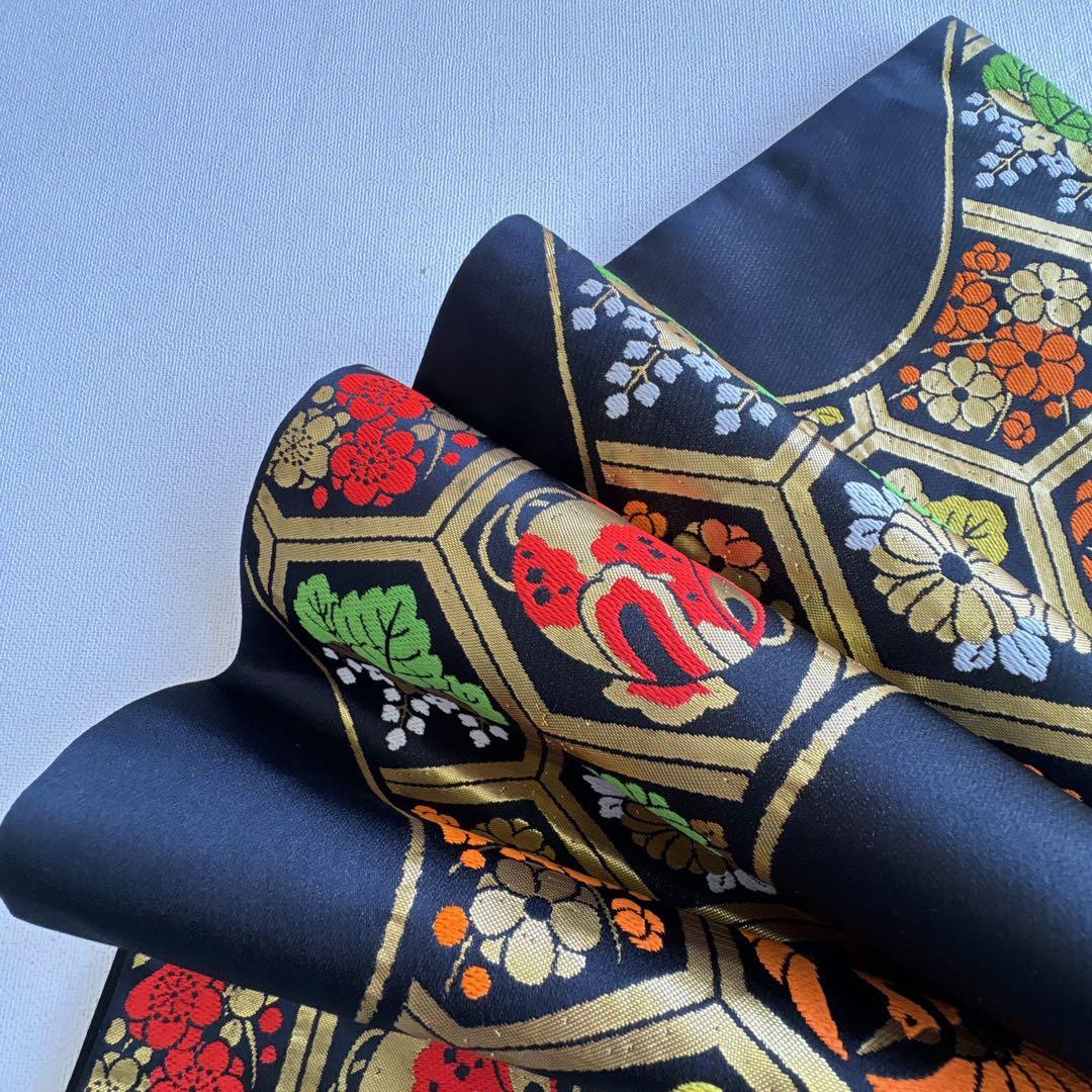 セット　七五三　７歳女の子　赤地　蝶牡丹　黒地袋帯亀甲鶴　袖なし長襦袢7099