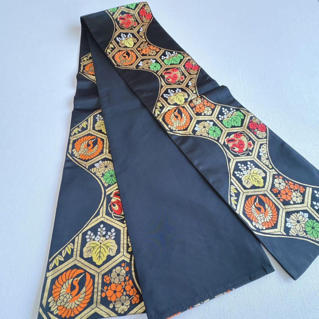 セット　七五三　７歳女の子　赤地　蝶牡丹　黒地袋帯亀甲鶴　袖なし長襦袢7099