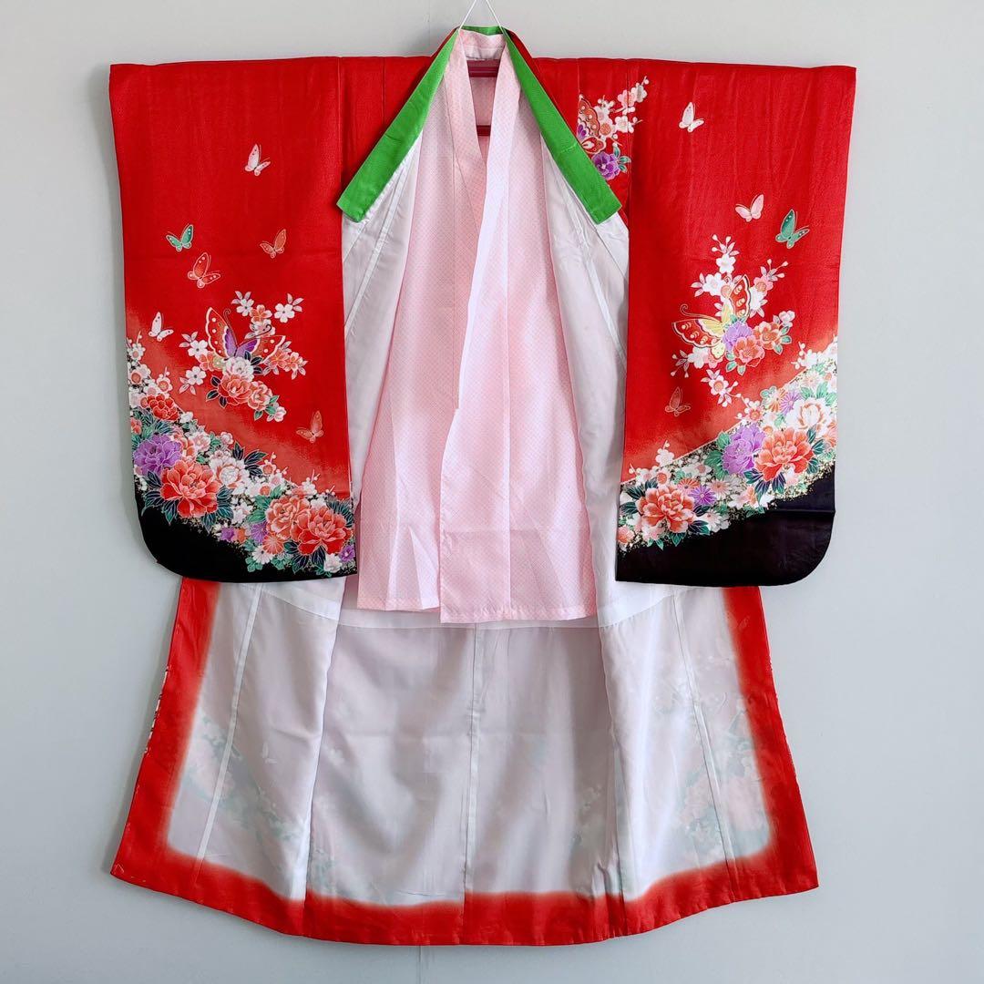 セット　七五三　７歳女の子　赤地　蝶牡丹　黒地袋帯亀甲鶴　袖なし長襦袢7099