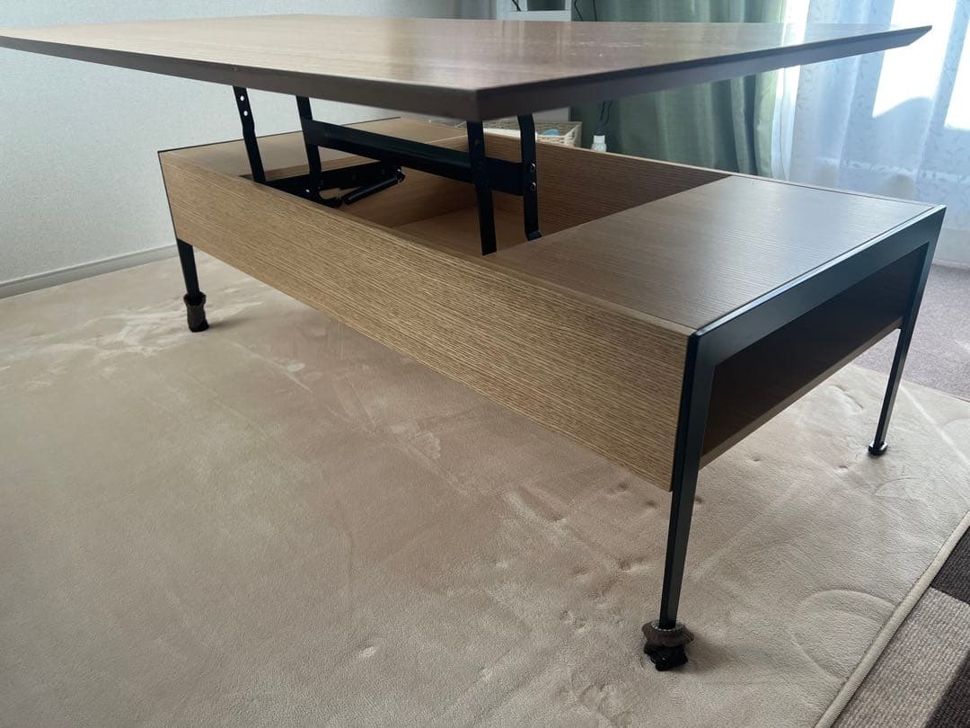 収納付き昇降式テーブル　ミドルブラウン