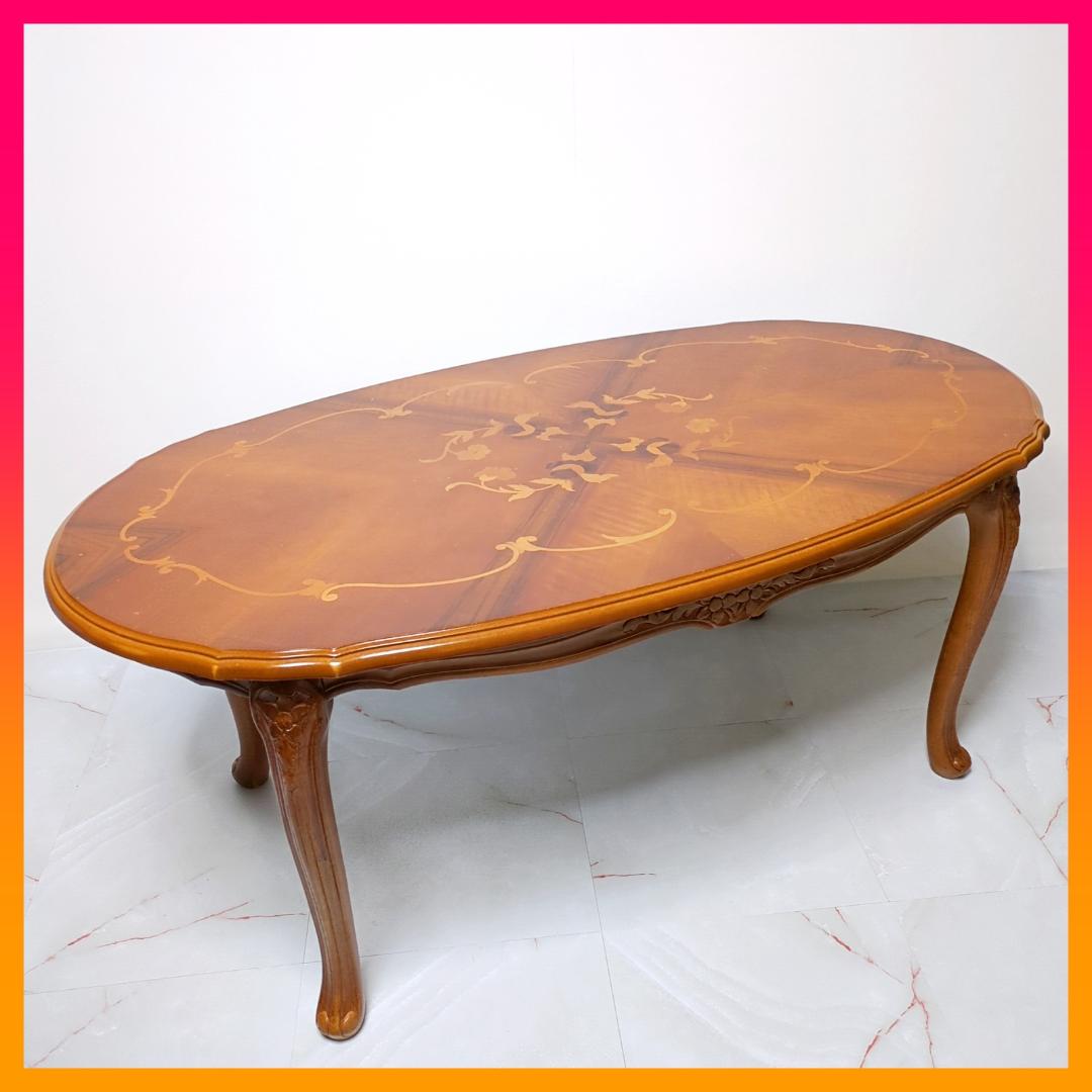 イタリア アンティーク センターテーブル 猫脚 象嵌 リビングテーブル 幅105