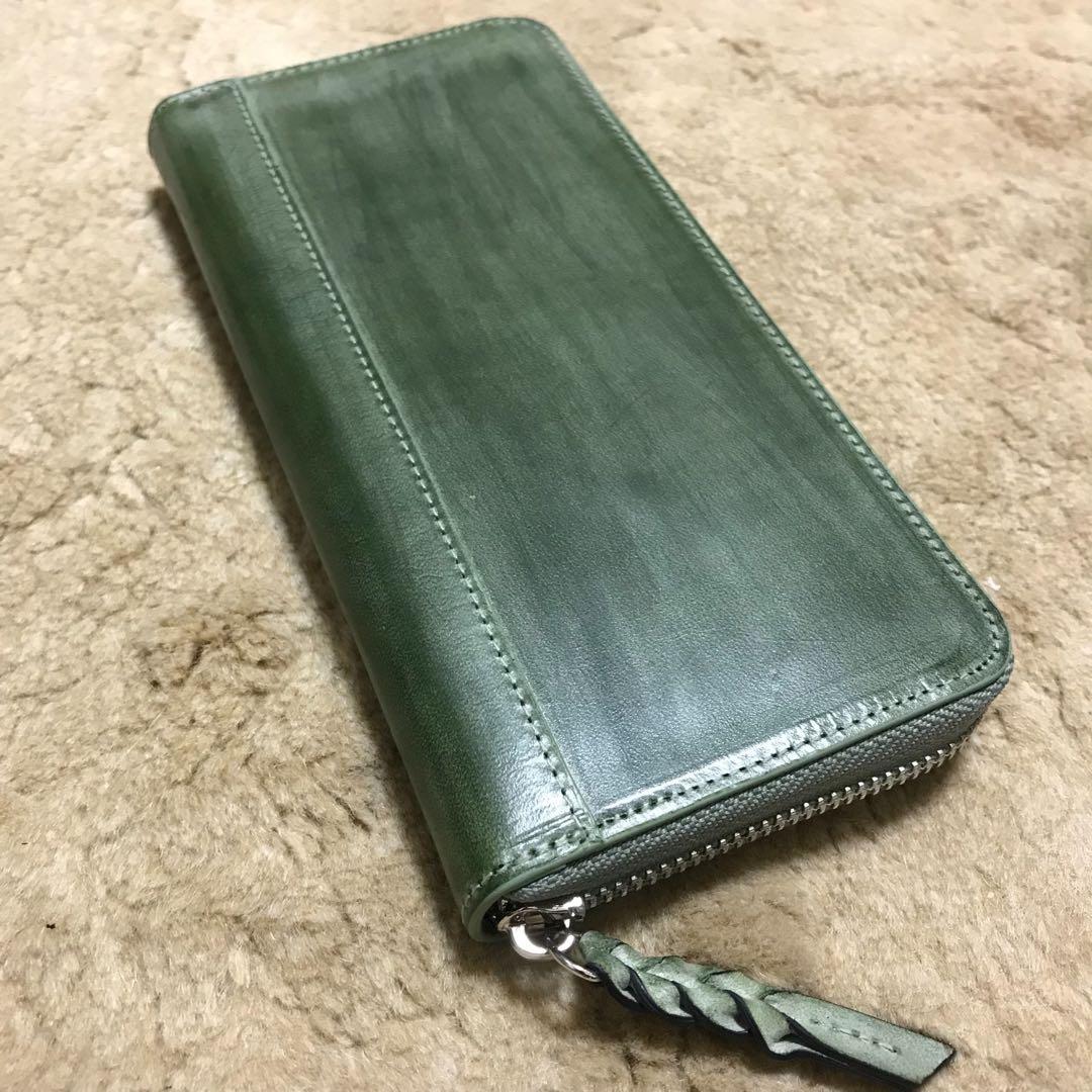 新作品 グリーン系　緑　ハンドメイド ブライドレザー ヌメ革本革 メンズ　長財布