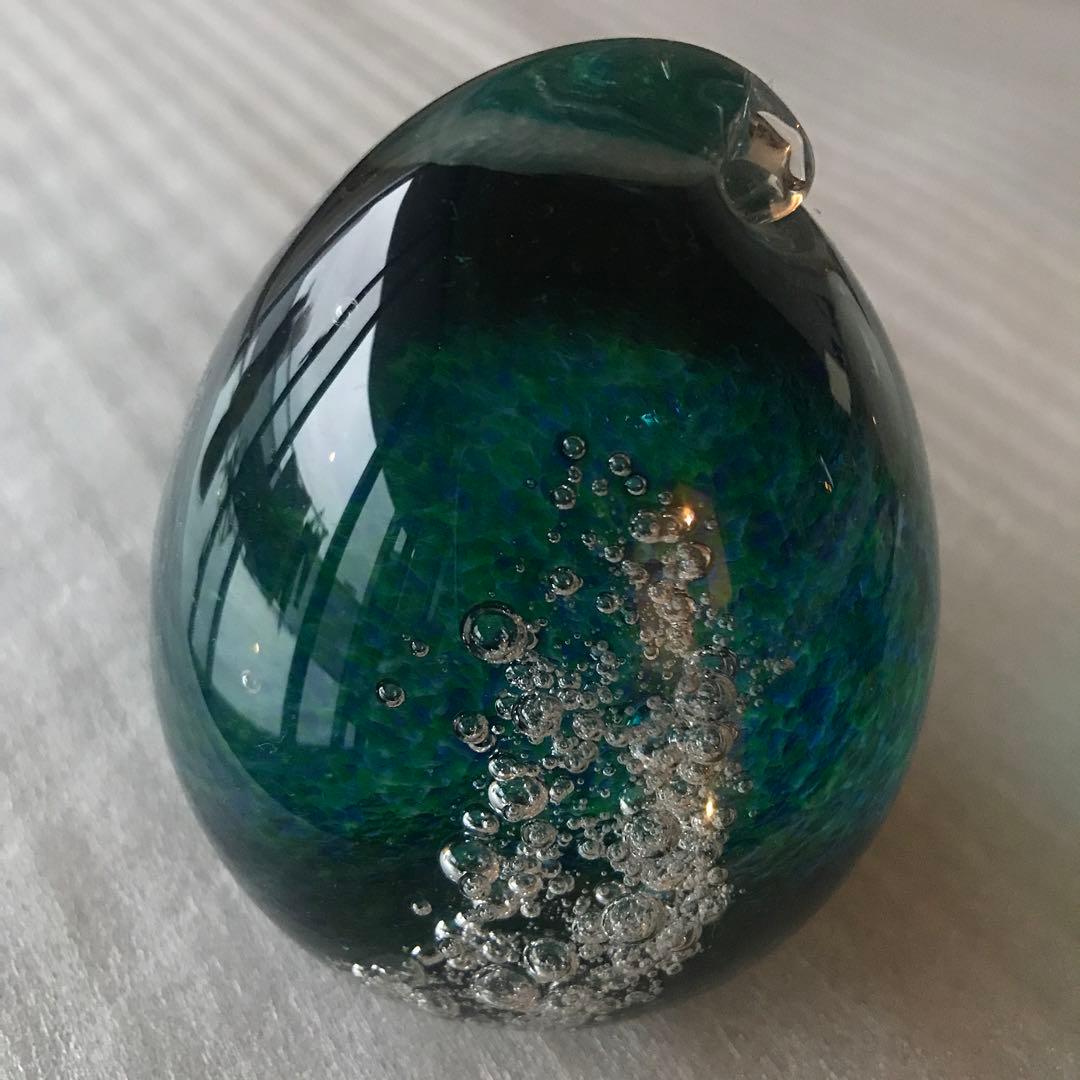 大正硝子舘　卵型ガラスアート 青緑　置物　特注
