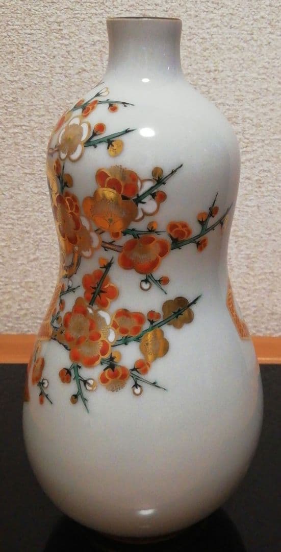 上出喜山作　九谷焼　極彩色　瓢型　梅絵文様　花入　共箱　共布　花瓶
