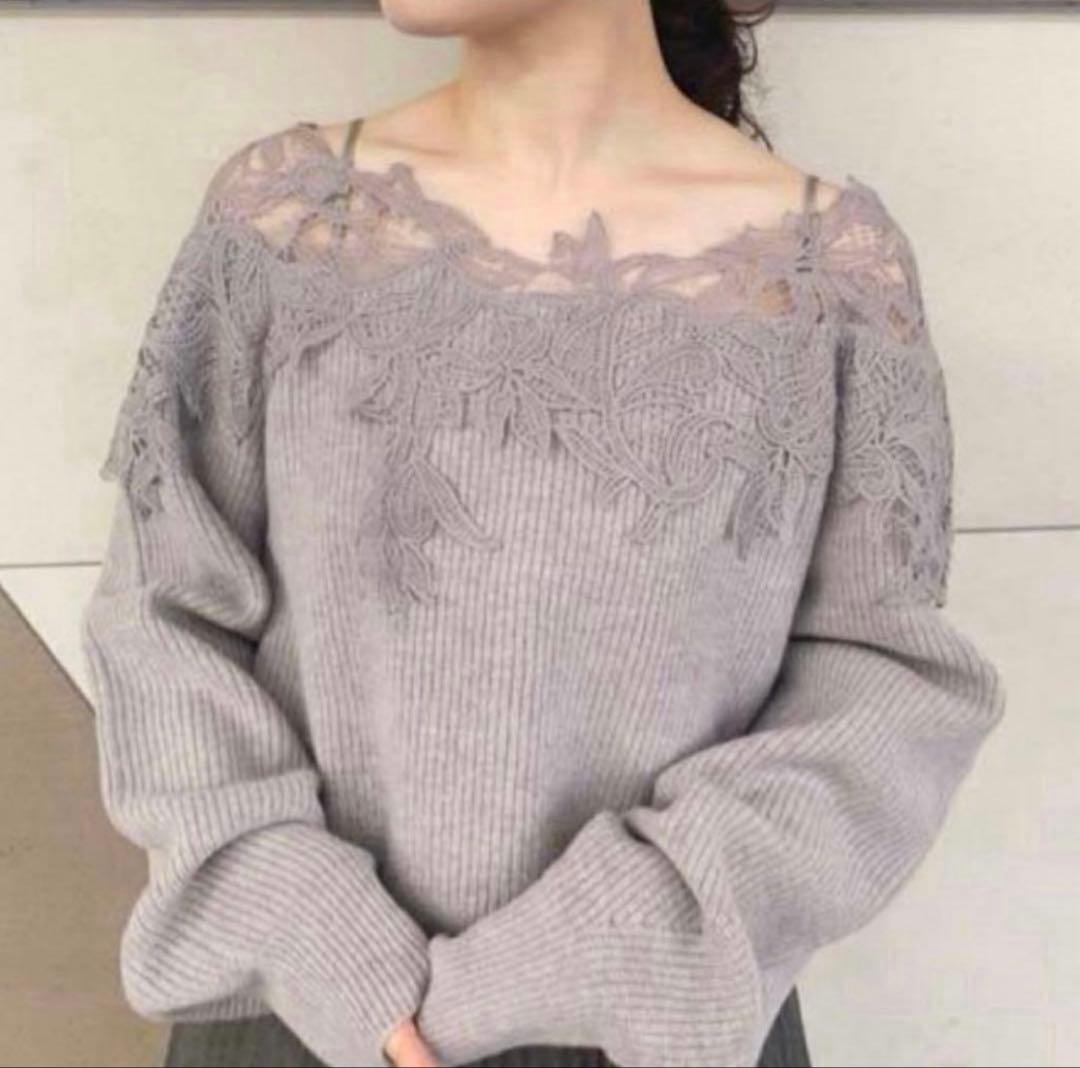 fray i.d レーストリム　オフショルニット　レースニット