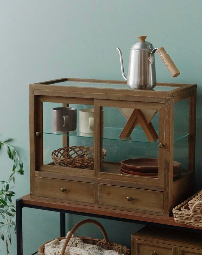 昭和　レトロ　ガラスケース　キャビネット　引き戸棚　ショーケース　卓上　ウッド